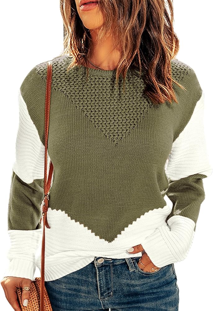 Dokotoo Womens Crochet Crewneck Long Sleeve Pullovers Color Block Tunic Ribbed Sweaters Jumper Tops