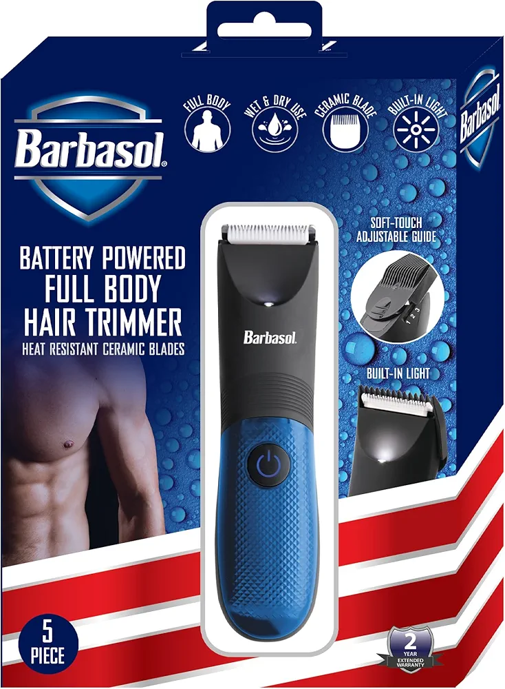 Barbasol Body Hair Trimmer for Men, with Adjustable Guide Shield, Built in Light, Heat Resistant & Hypoallergenic Ceramic Blade, Wet and Dry Waterproof Trimmer, Full Body Battery Powered Trimmer