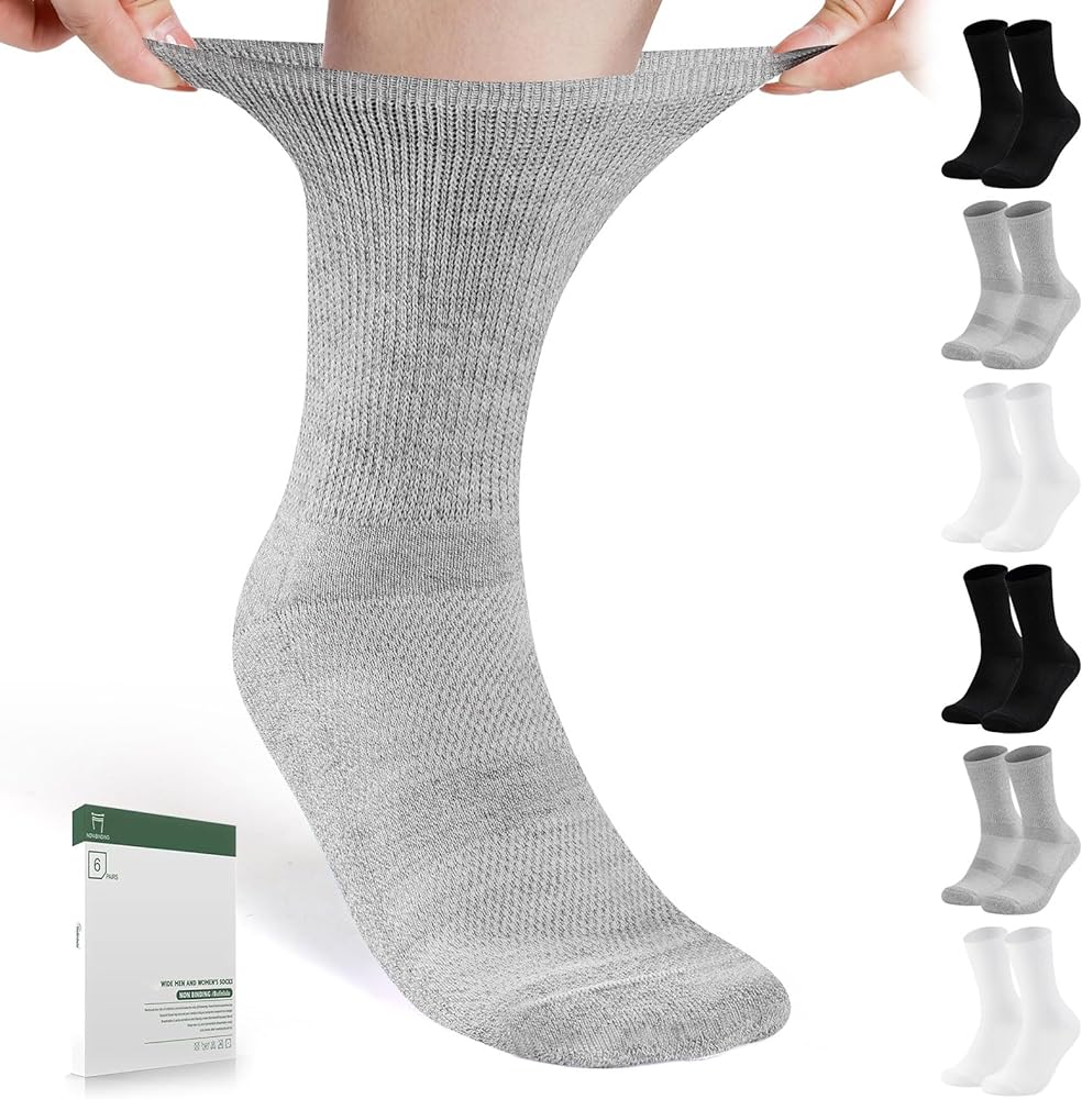 Diabetic Socks for Men Women-6 Pairs Non Binding Crew Diabetic Neuropathy Socks with seamless toe for size 6-9 9-12