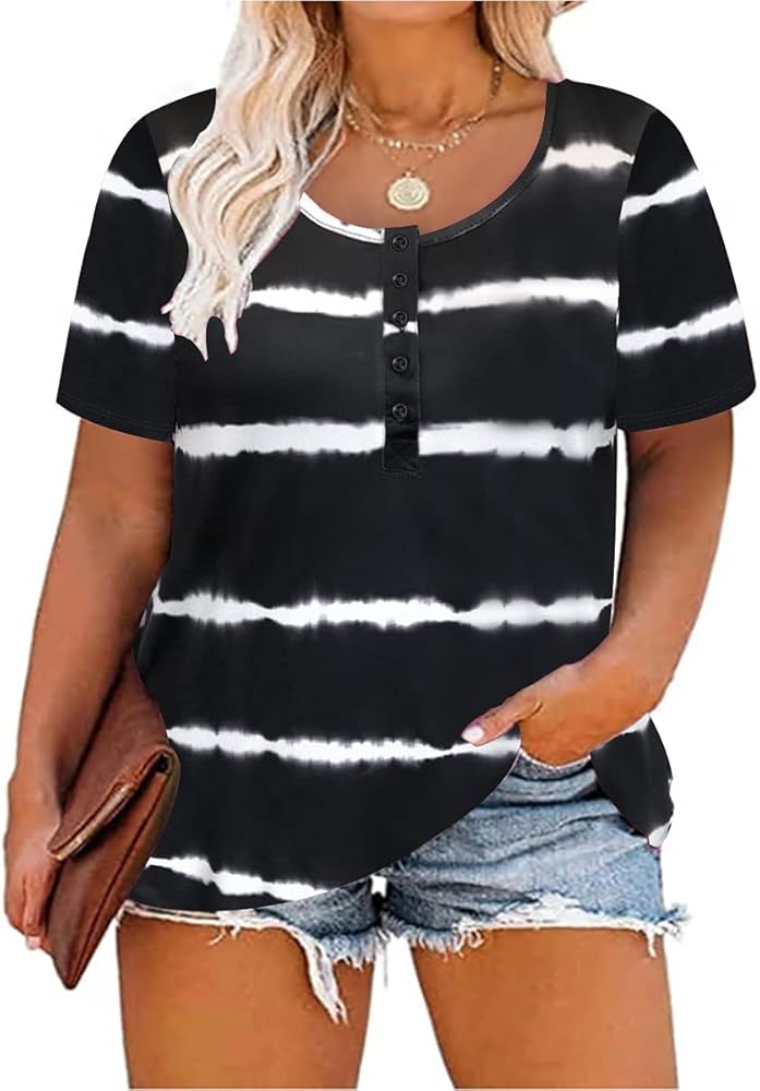 RITERA Plus Size Tops for Women Black Floral Casual Basic Shirts Summer Short Sleeve Tunic Oversized Blouse Henley Shirt Xl-5Xl