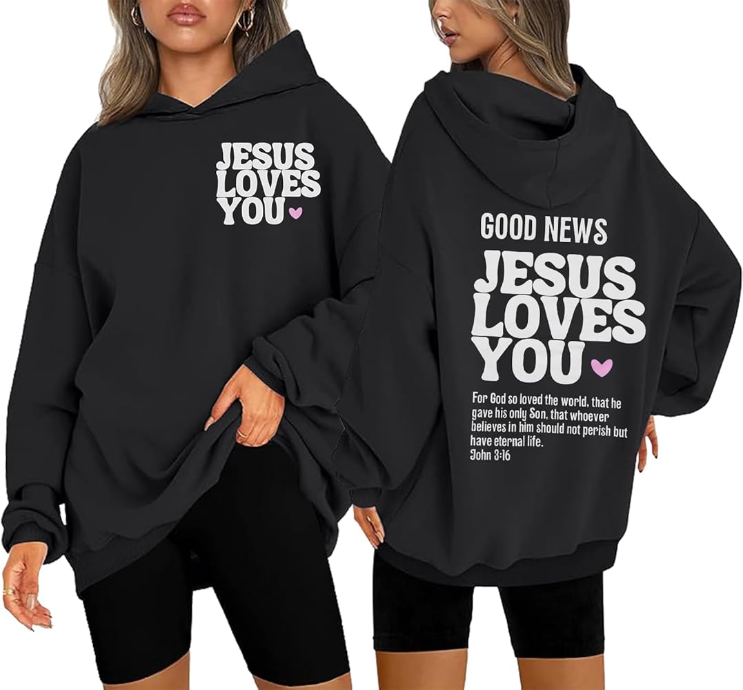 MYHALF Christian Sweatshirt Women Jesus Loves You Hoodie Oversized Jesus Faith Pullover Inspirational Long Sleeve Tops