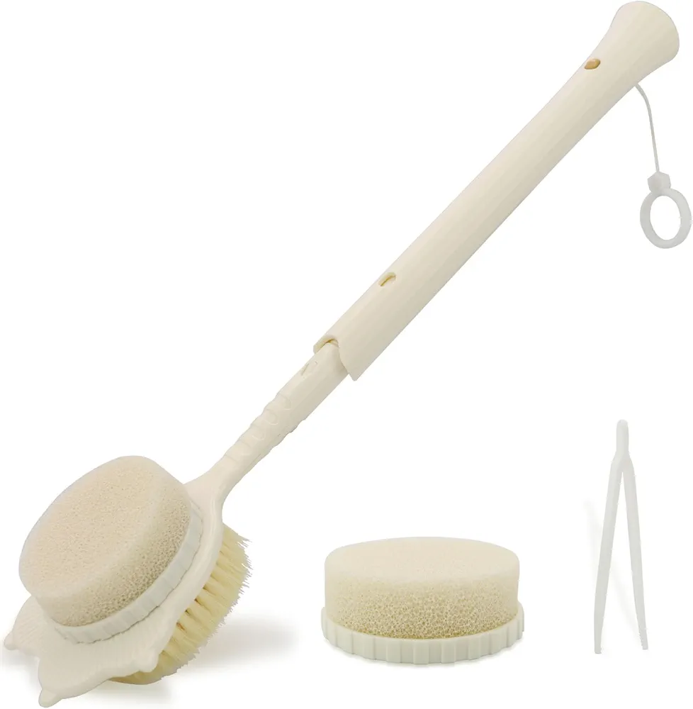 Retractable Back Brush for Shower, 28 Inches Long Handle Shower Brush,Double-Sided Long Handled Bath Sponge, Exfoliation,Back Scrubber for Women,Men,Elderly and Pregnant Women(White)