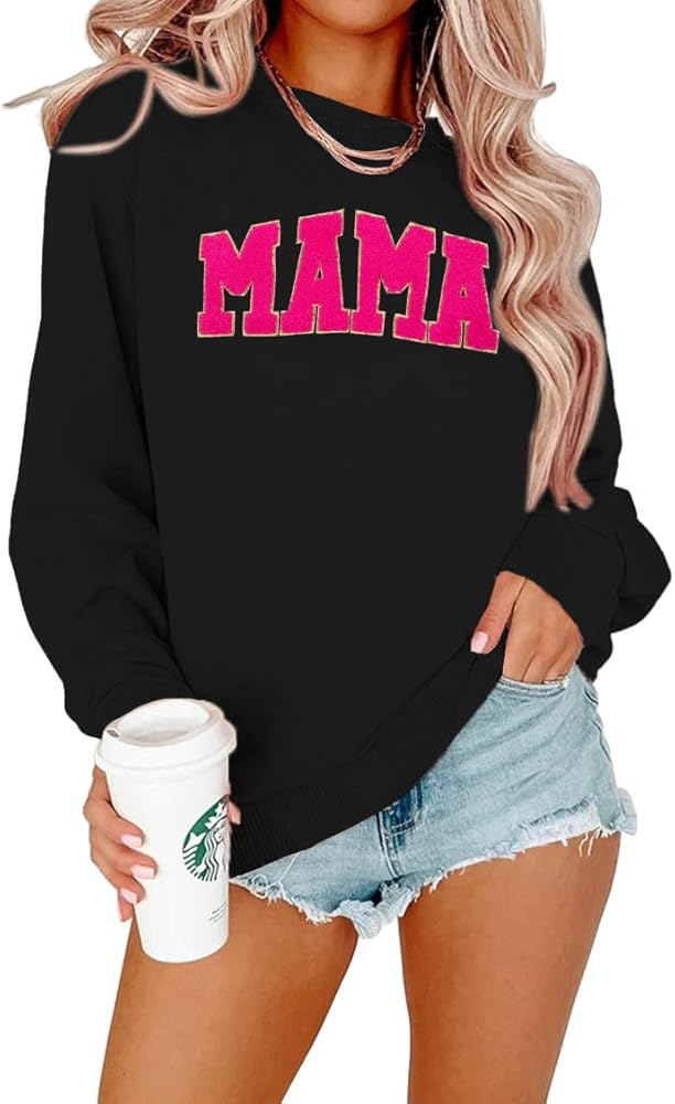 ASTANFY Mama Sweatshirt Women Oversize Glitter Patch Mama Crewneck Sweatshirts Mama Print Long Sleeve Loose Fashion Pullover