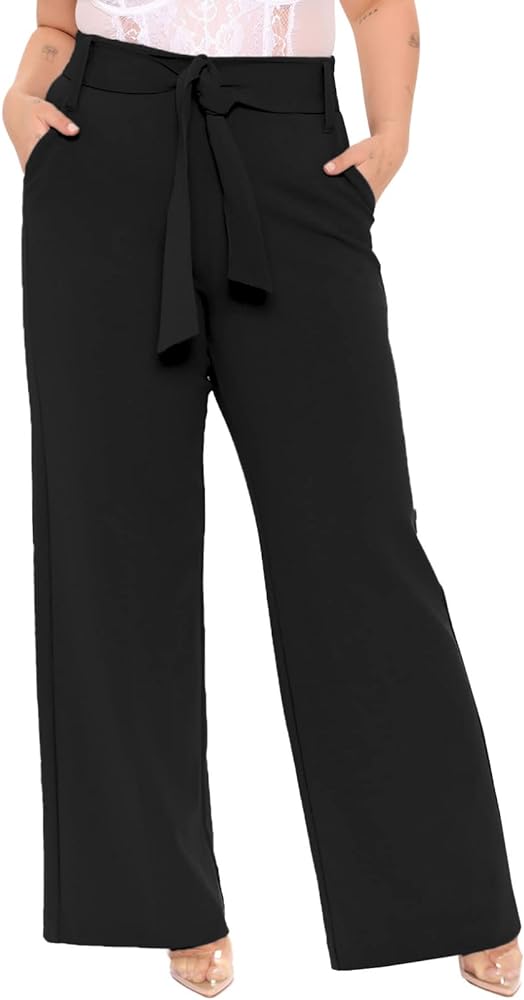 Eytino Womens Plus Size Stretch Dress Pants Comfy Wide Leg Belted Lounge Pants for Office, 1X-5X