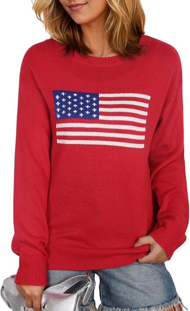 Women's American flag Sweater Long Sleeve Crew Neck Casual Patriotic Star Knit Pullover Sweaters