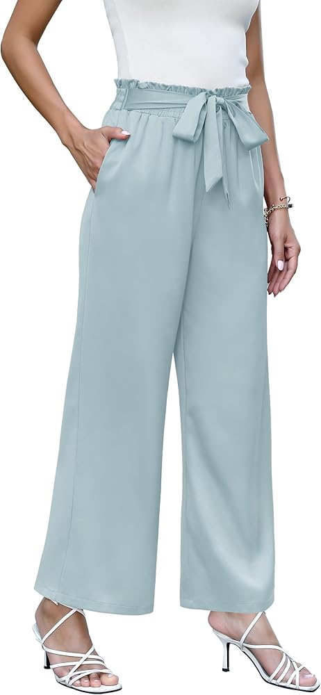 Women Wide Leg Pants Lightweight High Waisted Adjustable Lounge Pants Casual Loose Work Pants with Pockets