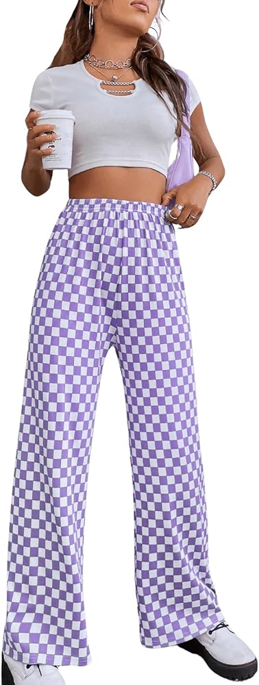 OYOANGLE Women's Checkered Printed High Elastic Waisted Wide Leg Pants Loose Fitted Streetwear Long Pants