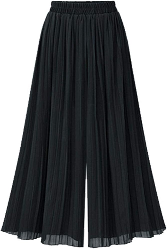 chouyatou Women's Elastic Waist A-Line Pleated Chiffon Cropped Wide Leg Pants Culottes