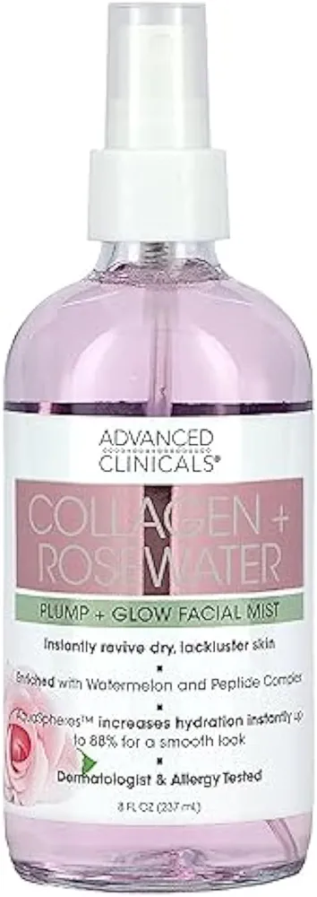 Advanced Clinicals Collagen + Rosewater Face Toner Skin Care Reviving & Hydrating Facial Mist for Face, Non-Greasy Instant Hydration Face Spray W/Pure Rose Water, Collage, & Natural Extracts, 8 Fl Oz