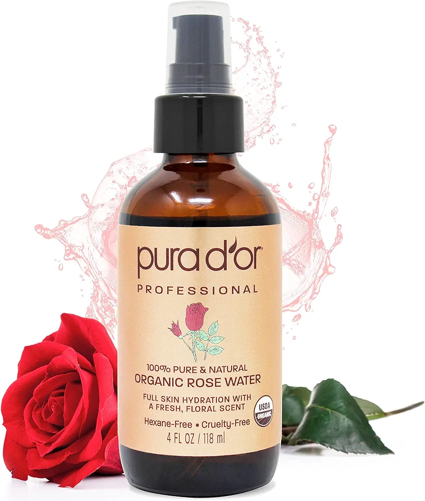 PURA D'OR Organic Rose Water Toner (4oz / 118mL) Eau Fraiche, 100% Pure Full Skin Hydration, Control Excess Oils & Acne - Cleanses & Softens - Promotes Healthy Skin Cell - for All Skin Types