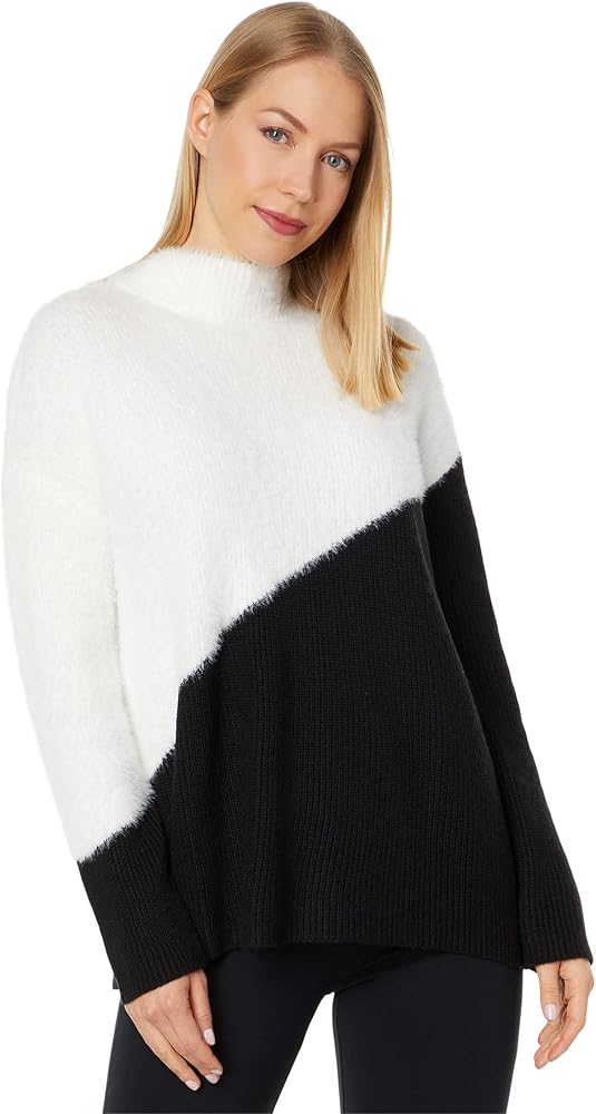 Vince Camuto Long Sleeve Asymmetrical Color-Block Crew Neck Sweater Rich Black XL