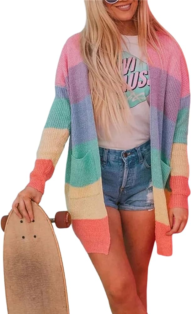 Hooever Women's Long Pastel Knitted Rainbow Striped Color Block Cardigan Sweater