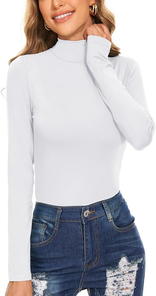 Women's Long Sleeve Mock Turtleneck Tops Casual Slim Fitted Lightweight Under Layer Pullover Shirts