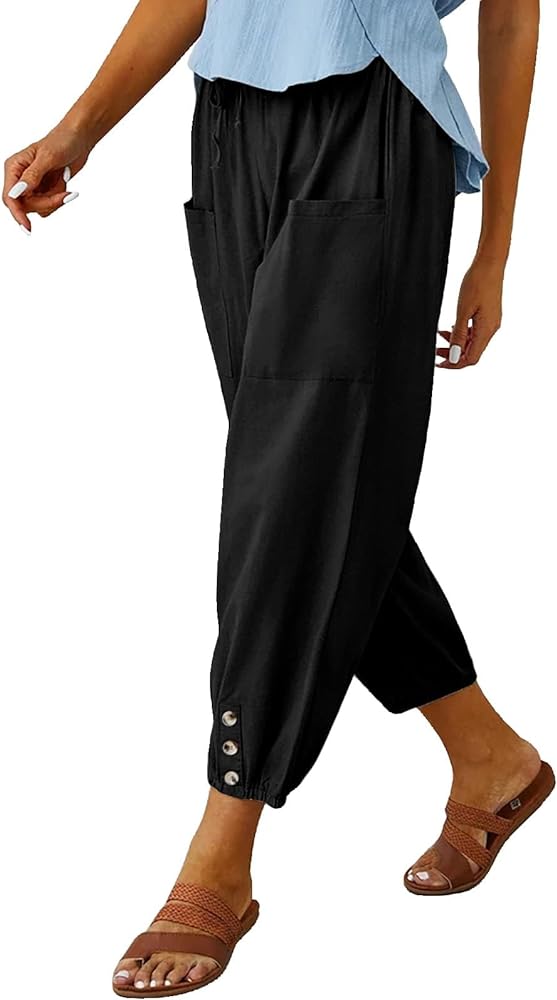 Womens Capri Pants Casual Drawstring Harem Pants with Pockets Baggy Wide Leg Cropped Beach Pants Slacks Summer