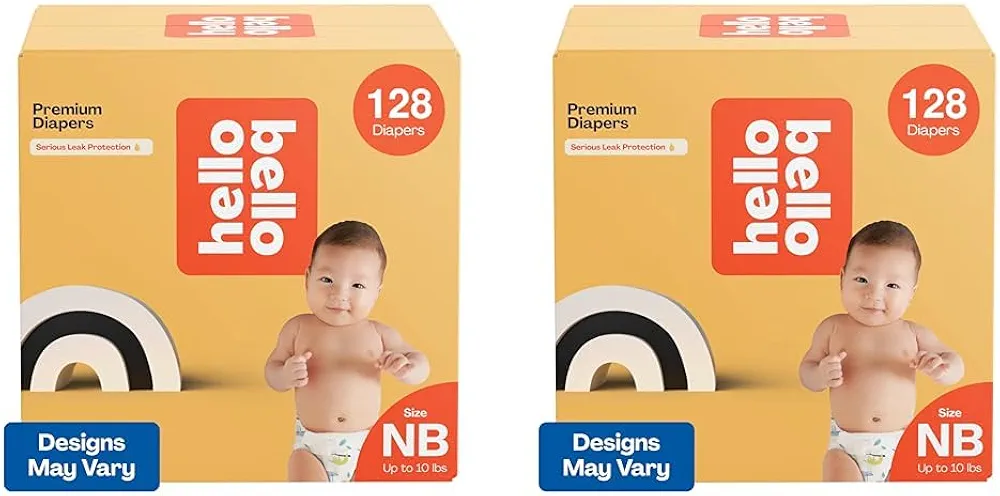 Hello Bello Premium Diapers, Size NB (Up to 10 lbs) Surprise Pack for Boys - 128 Count, Hypoallergenic with Soft, Cloth-Like Feel - Assorted Boy & Gender Neutral Patterns (Pack of 2)