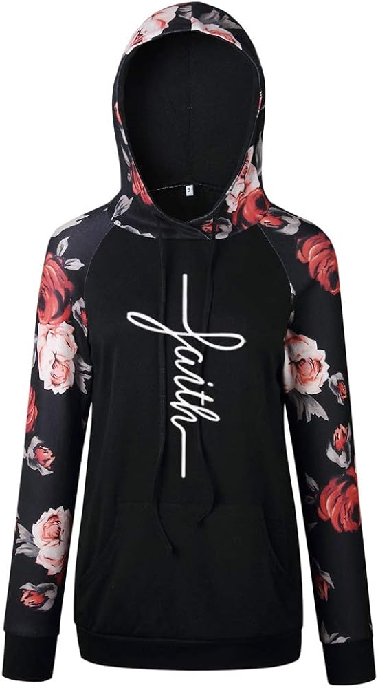 Faith Sweatshirt Floral Long Sleeve Drawstring Casual Hoodies Pullover Tops with Pockets