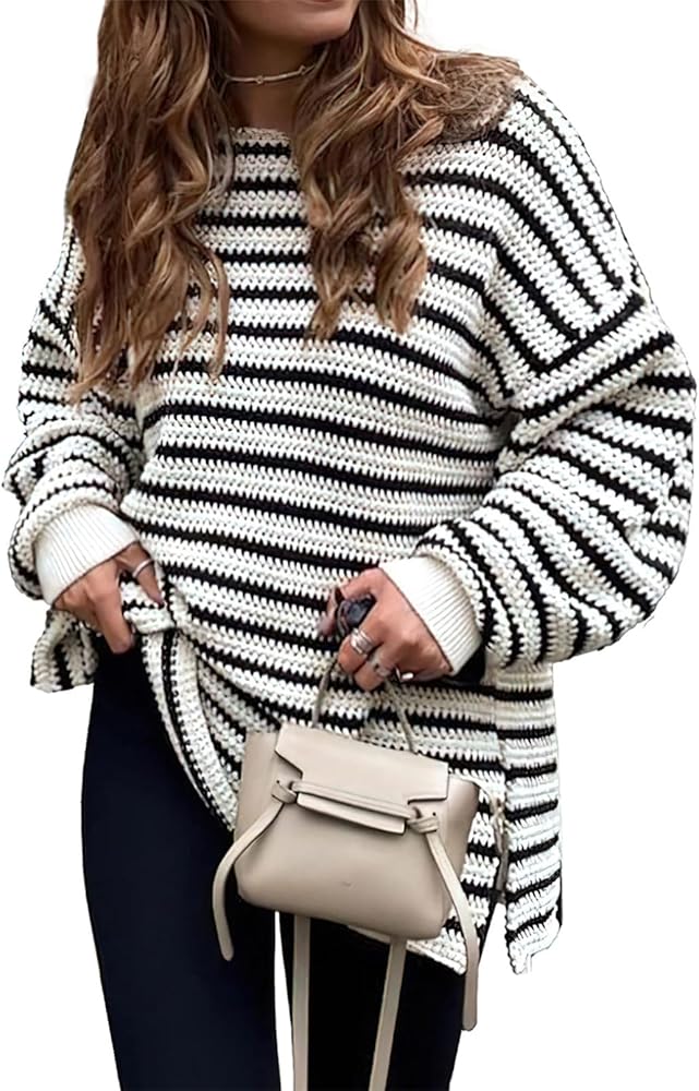 Dokotoo Sweaters for Women Crewneck Long Sleeve Striped Color Block Loose Knit Pullover Sweater Tops