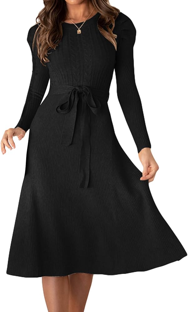 Sweater Dress for Women Long Sleeve Midi Knit Ribbed Pullover Crewneck Dress with Belt