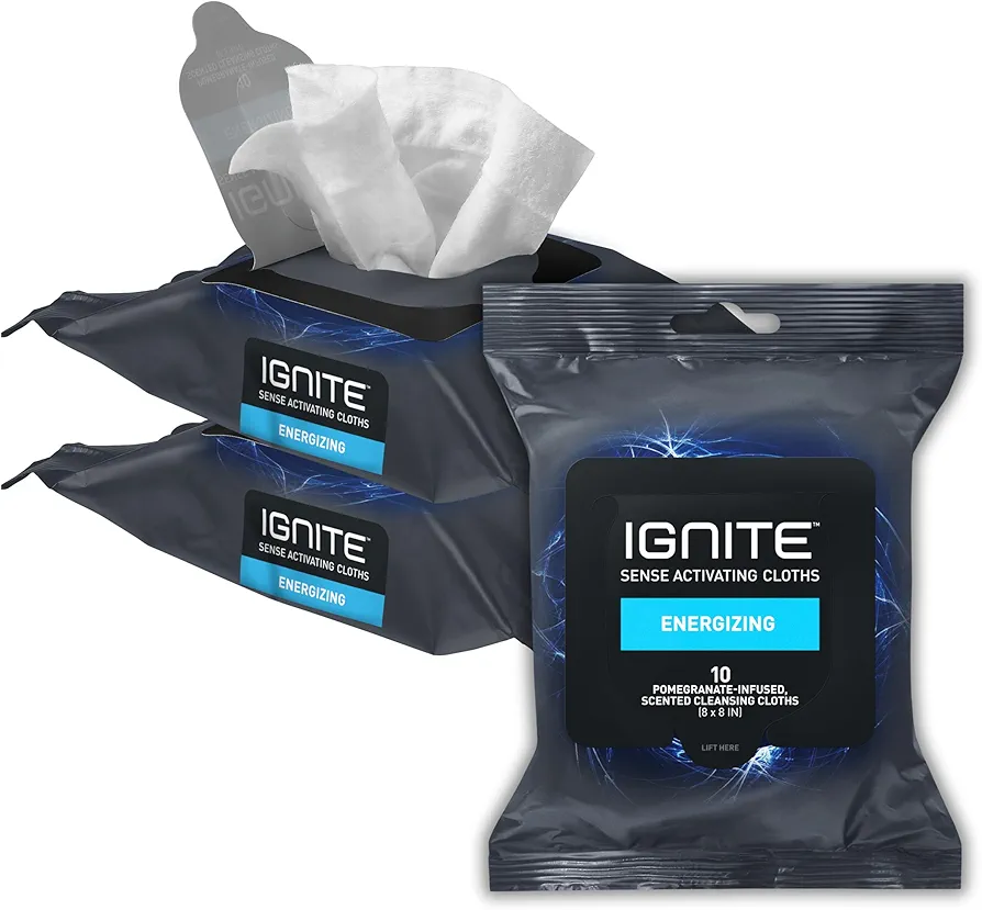 Medline Ignite Mens Body Wet Wipes, Extra Thick 8" x 8" Shower Wipes, Energizing Scent, 10 Count (Pack of 3)