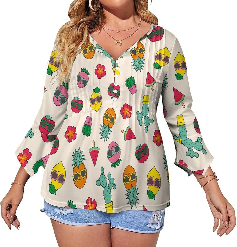 Tropical Fruits and Cactus Cute Womens T-Shirts 3/4 Sleeve Button Down Tee Tops Blouse Summer Beach