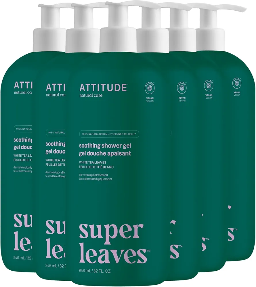 ATTITUDE Body Wash, EWG Verified Shower Gel, Dermatologically Tested, Plant and Mineral-Based, Vegan Personal Care Products, White Tea Leaves, 32 Fl Oz (Pack of 6)