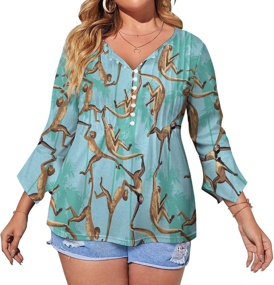 Monkey in The Jungle Palm Trees Cute Womens T-Shirts 3/4 Sleeve Button Down Tee Tops Blouse Summer Beach