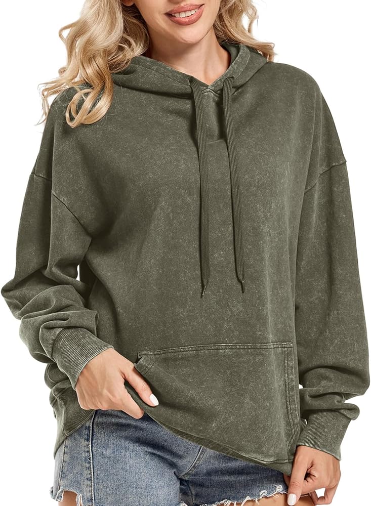 KIEKIECOO Oversized Hoodie for Women Loose Fit Blank Cotton Comfort Color Pullover Plain Basic Acid Wash Hooded Sweatshirt