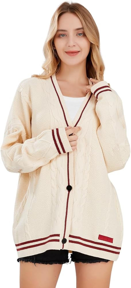 ebossy Women's Open Front Stars Embroideried Cable Knit Cardigans Button Down Sweater Outwear