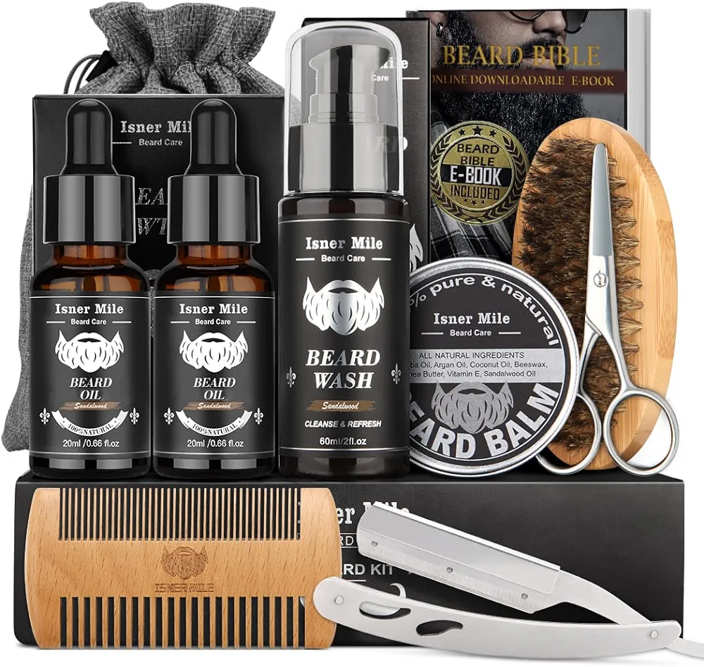 Isner Mile Beard Kit for Men, Grooming & Trimming Tool Complete Set with Shampoo Wash, Beard Care Oil, Balm, Brush, Comb, Scissors & Storage Bag, Birthday Gifts for Him Men Dad Father Boyfriend