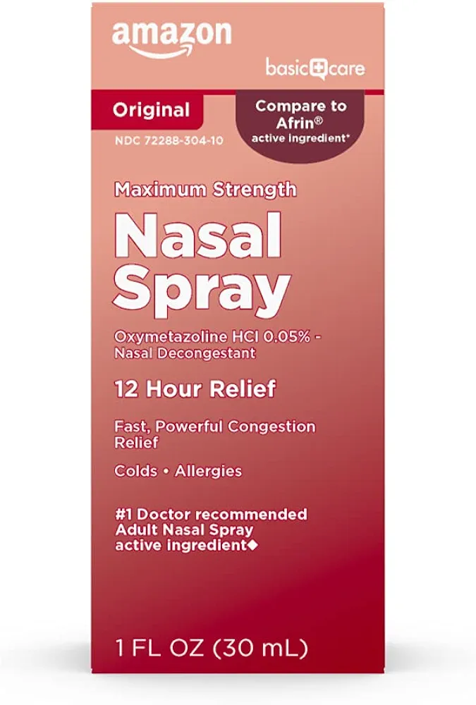 Amazon Basic Care Maximum Strength 12 Hour Nasal Spray, Oxymetazoline HCl Solution, Congestion Relief, Cold and Allergy Medicine, Decongestant, 1 Fl Oz (Pack of 1)