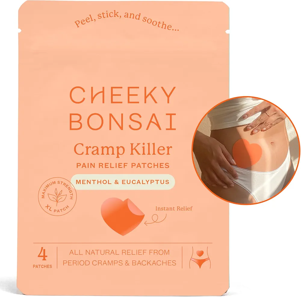 Cheeky Bonsai Cramp Killer Pain Relief Patches for Cramps, Backaches, and Muscle Soreness, Fast-Acting, 8 Hour Pain Relief, Targeted Relief, All-Natural, Cute Heart Shape - 4 Count