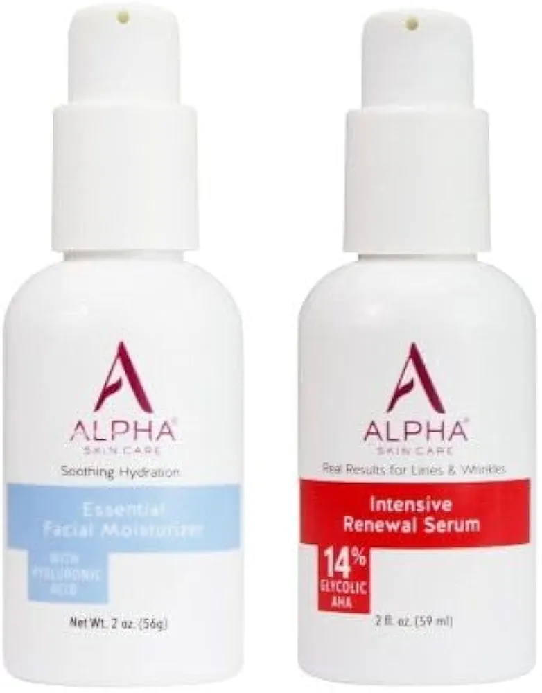 Alpha Skin Care Renewal Serum Concentrated with 14% Glycolic AHA and Alpha Skin Care Essential Facial Moisturizer with Hyaluronic Acid