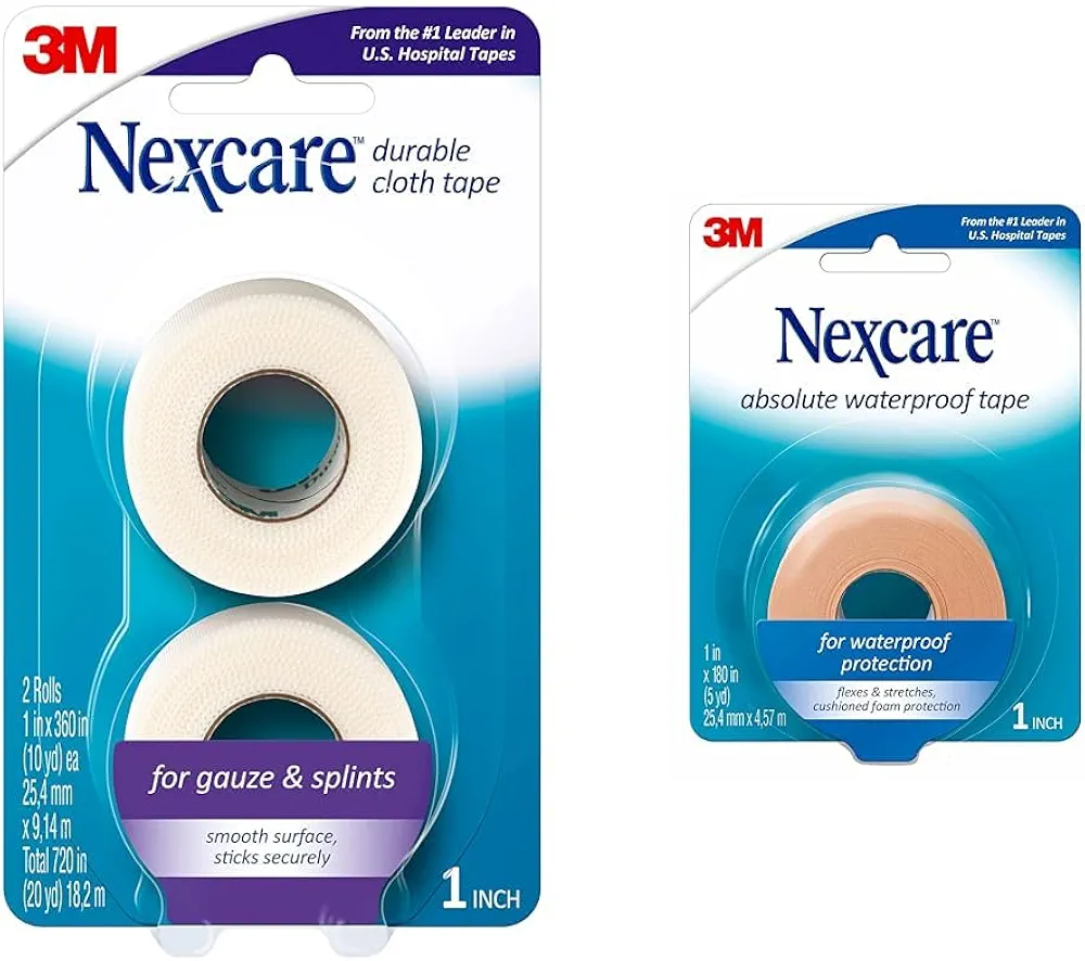 Nexcare Durable Cloth Tape 2 Count & Absolute Waterproof Tape 1 Roll First Aid Wound Dressing Tapes