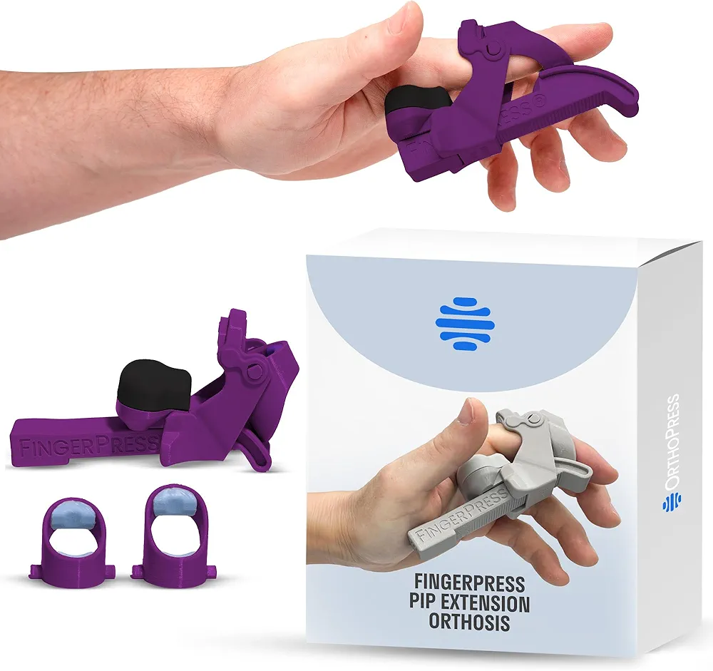 PIP Extension Orthosis Made in USA by OrthoPress | Finger Straightener Splint For Bent Fingers, Flexion Contractures | Adjustable Joint Stretcher Device | Large/Purple