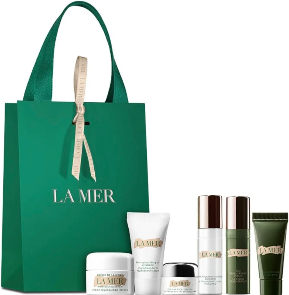 La Mer Skincare Travel Size Gift Set Lifting and Firming Mask, Regenerating Serum, The Eye Concentrate, Treatment Lotion