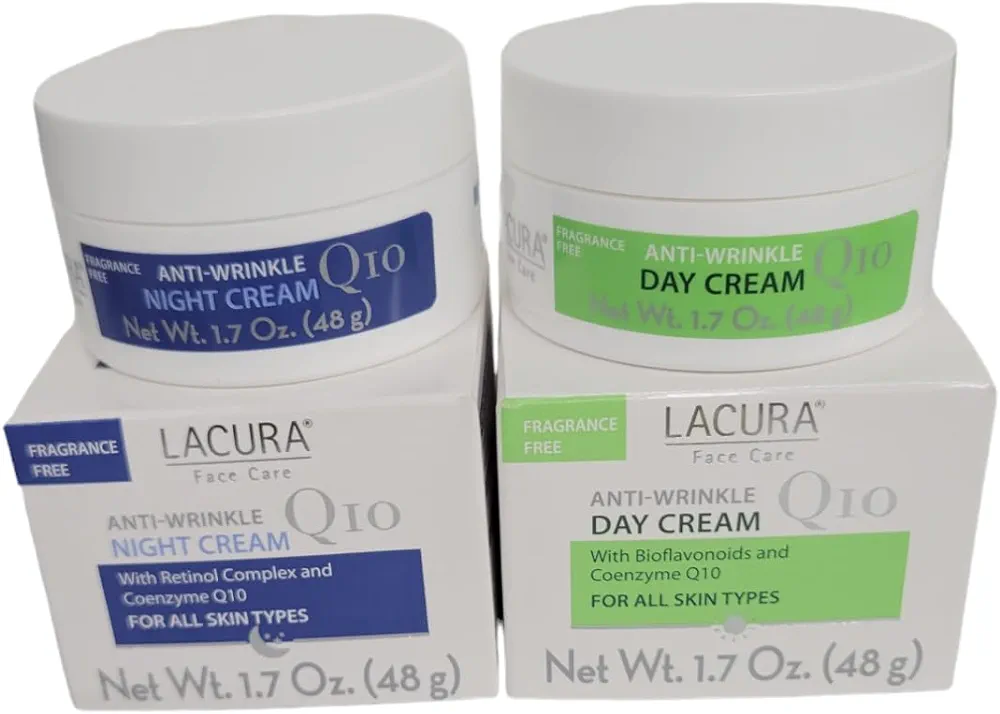 Lacura Q10 Anti-Wrinkle 1.7oz Day & 1.7oz Night Face Cream Moisturizer with Bioflavonoid and Retinol Complex Set - All Skin Types. Dermatologist Tested European Skincare.