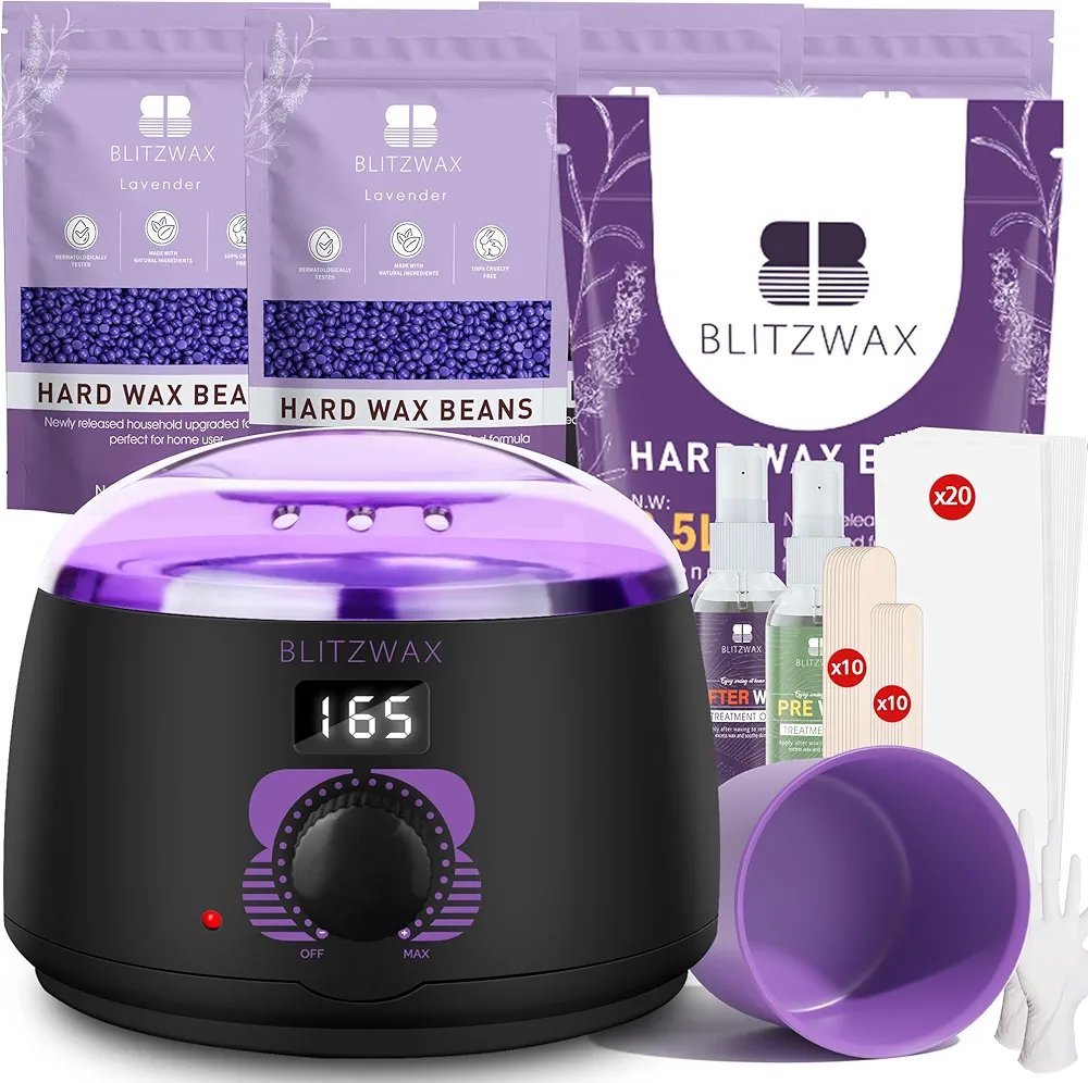 BLITZWAX Digital Waxing Kit for Hair Removal with 2.5lbs Lavender Wax Beads for Women Men, Hard Wax Beans Kit for Eyebrow, Face, Bkini, Brazilian and Sensitive Skin, Painless Waxing at Home and Salon