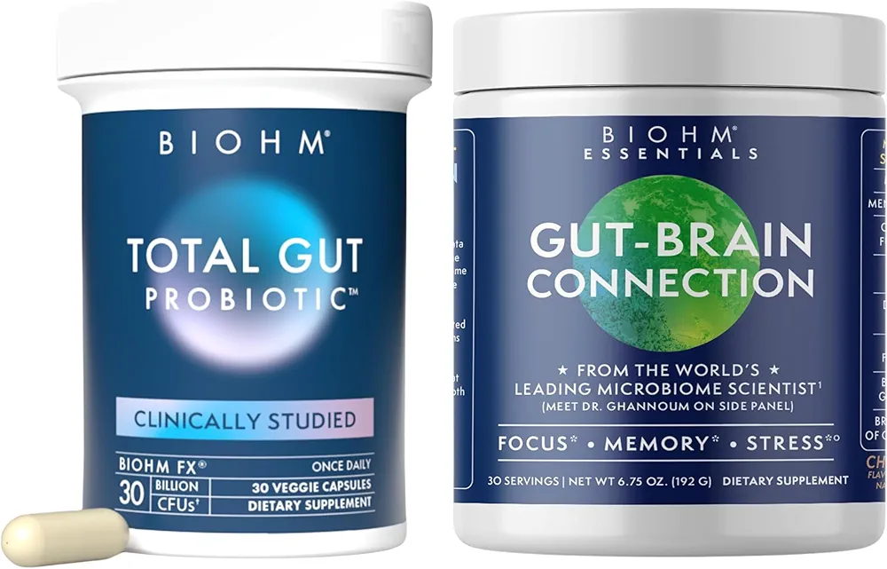 BIOHM Total Probiotic and Gut-Brain Connection Bundle, 30 Billion CFU Daily Probiotic W/Good Bacteria, Fungi, Support Memory, Concentration and Focus, Balanced Gut,