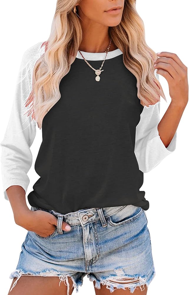 Bingerlily Women's Casual T-Shirts 3/4 Sleeve Color Block Cute Tops Comfy Blouses