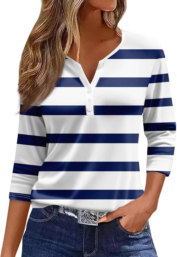 Womens 3/4 Sleeve Tops,Women's T-Shirts Dressy Button Down Tunic Tops Striped Blouses Henley V Neck Summer Cute Tees