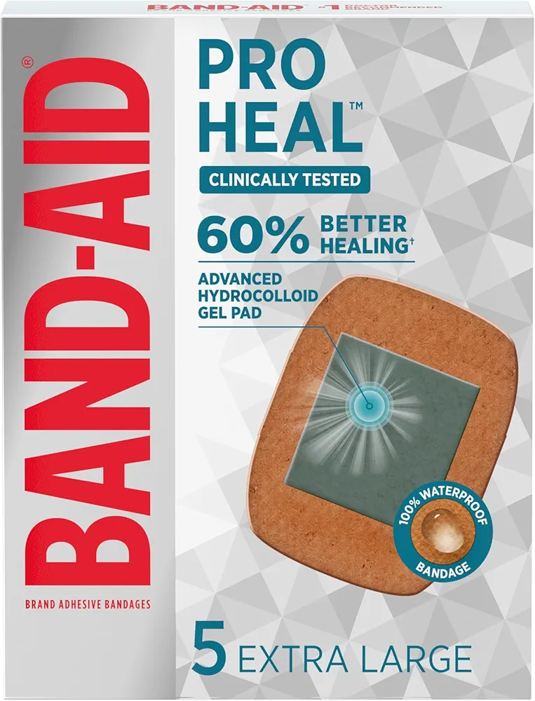 Band-Aid Brand Pro Heal Adhesive Bandages with Hydrocolloid Gel Pads, Extra Large Clinically Tested Waterproof Bandages for Better Healing of Minor Wounds, Sterile First Aid Bandages, 5 ct