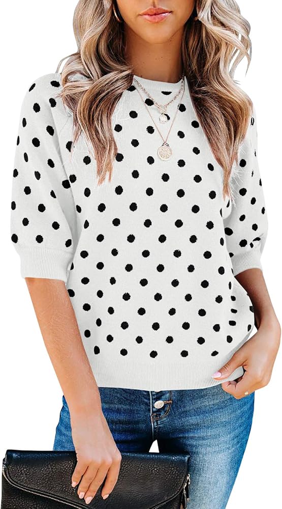 Huiyuzhi Womens Polka Dots Half Sleeve Pullover Sweater 3/4 Lantern Sleeve Round Neck Fall Knit Tops