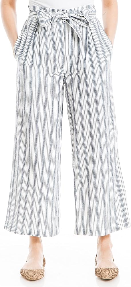 Max Studio Women's Linen Blend Wide Leg Pant with Waist Tie