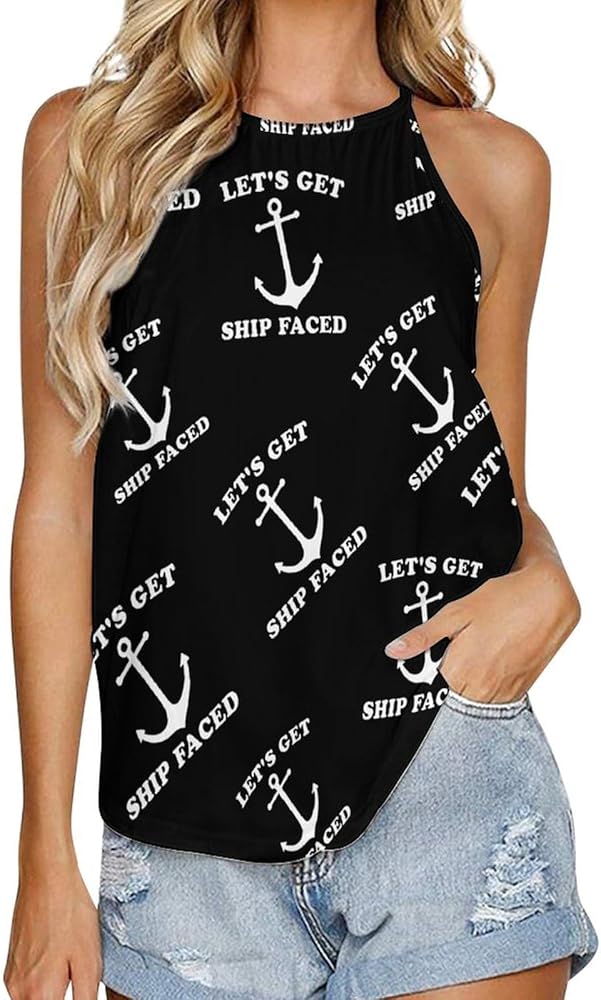 Let's Get Ship Faced Anchor Fashion Tank Top Sleeveless Shirts for Women Summer Tees Round Neck Blouses