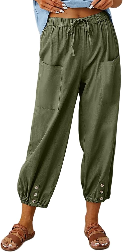 Wanzetaly Summer Cotton Linen Capri Pants for Women Loose Cropped Stretch Tapered Lantern Harem Pants Capris