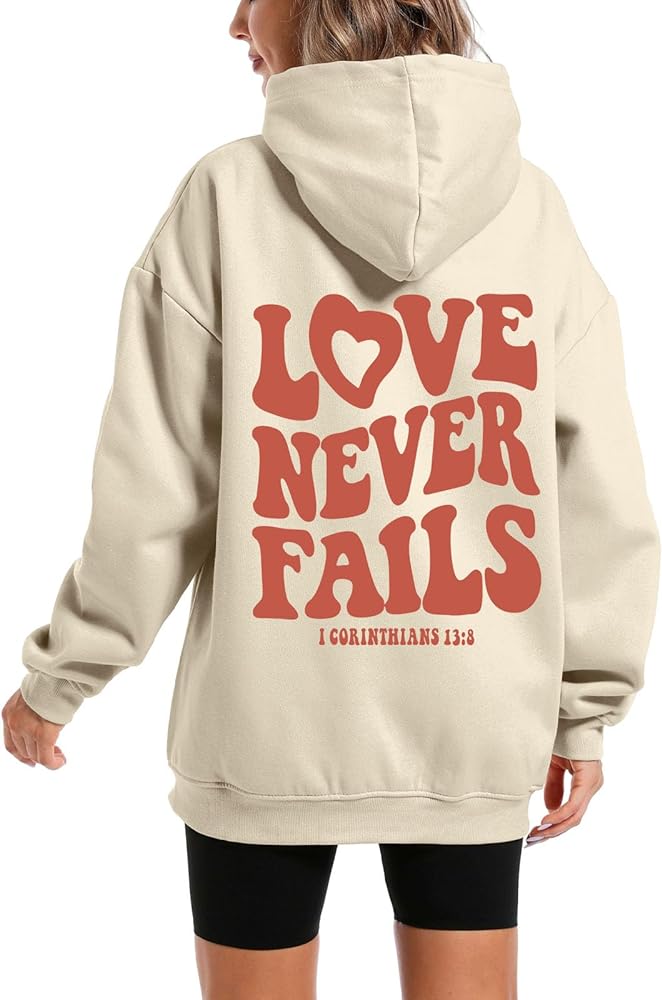 KIEKIECOO Graphic Hoodies With Designs for Teen Girls Aesthetic Cute Oversized Fall Sweatshirts Love Never Fails for Women