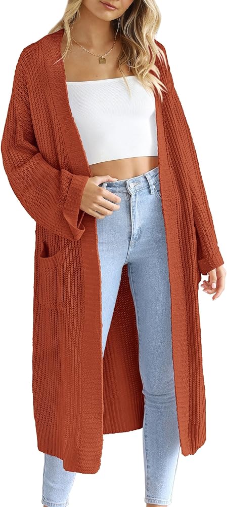 PRETTYGARDEN Women's 2024 Fall Long Cardigan Sweaters Open Front Long Sleeve Loose Fit Pockets Knit Sweater Coat Outerwear