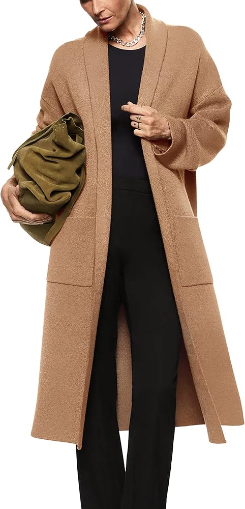 Womens Long Sleeve Maxi Cardigan Open Front Oversized Knitted Sweater Coat Casual Lapel Warm Overcoat with Pockets