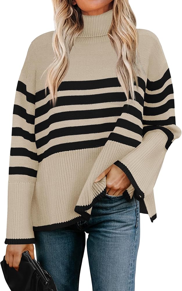 ZESICA Women's 2024 Winter Sweaters Casual Turtleneck Long Sleeve Striped Side Slit Loose Pullover Sweater Jumper Tops