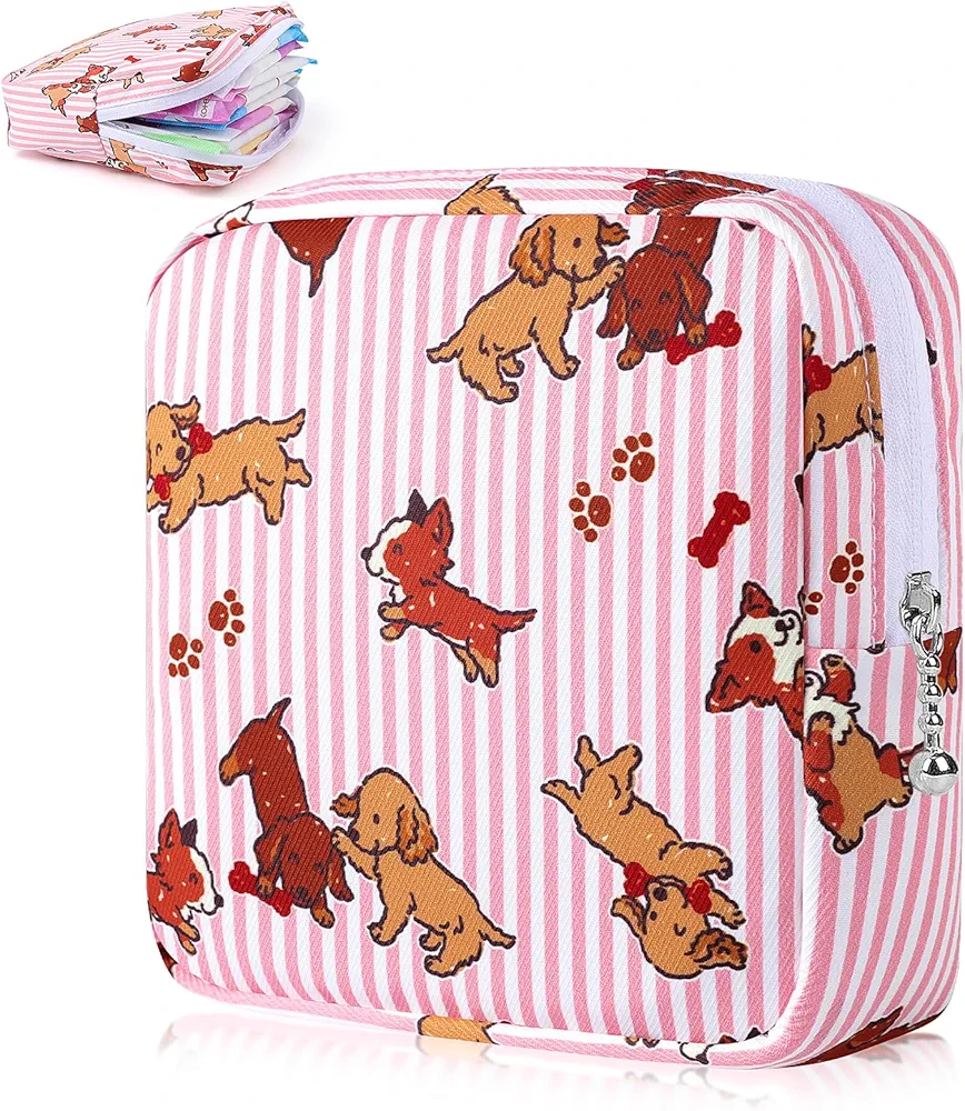 Desing Wish Sanitary Pad Storage Bag Portable Period Bag for Teen Pads/Sanitary Napkins/Small Tampons, Sanitary Napkin Storage Bag First Period Gifts for Teen Girls (Pink Striped Dog)